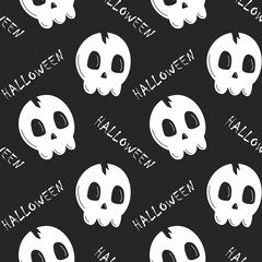Skulls with inscription halloween seamless pattern. Background for the holiday of Halloween. Black background with inscriptions. Vector graphics.