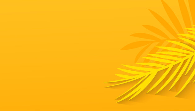 Blank yellow summer background with minimal style tropical leaves. Hot season discount. Promotion banner for website, flyer and poster. Vector illustration