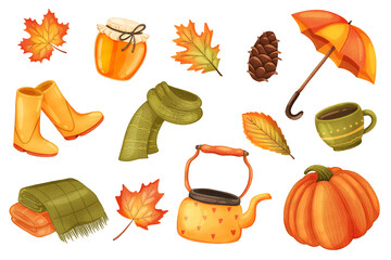 Autumn stickers set. Bundle of objects - leaves, honey, pine cone, umbrella, rubber boots, scarf, plaid, kettle, cup, pumpkin. Fall season. 3d illustration with isolated elements in realistic design