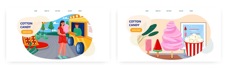 Cotton candy cart landing page design, website banner vector template set. Popcorn, ice cream. Food truck business.