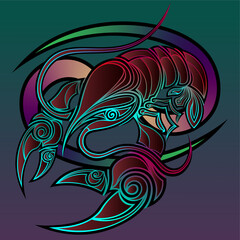 Cancer- zodiac sign. Flying crayfish glowing from inside in tattoo style. Horoscope sign of Cancer. Vector illustration.