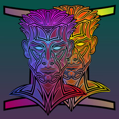 Gemini zodiac sign. Twins. Horoscope sign of two men with different emotions on their faces. Vector illustration.
