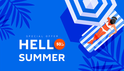 Hello summer holiday sale banner in trendy bright colors with woman on beach striped lounger © Shi 