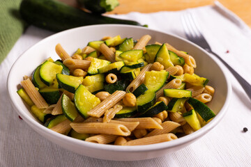 Penne pasta with chickpeas and zucchini. Good for a vegan diet