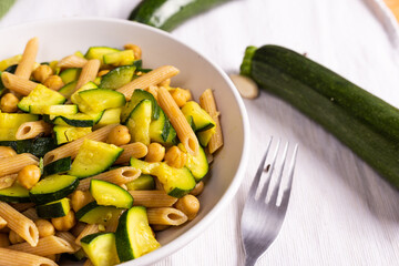 Penne pasta with chickpeas and zucchini. Good for a vegan diet