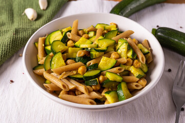 Penne pasta with chickpeas and zucchini. Good for a vegan diet
