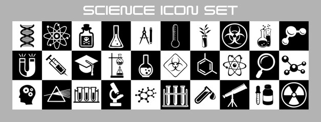 Black and white science icon set on checker board background