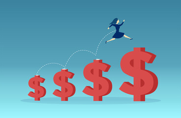 Vector of a business woman jumping up on a growing up dollar signs.