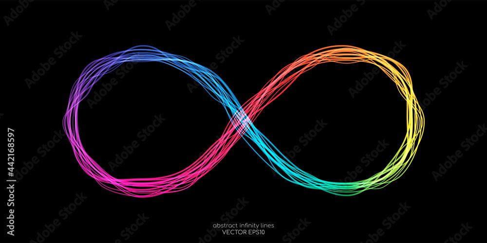 Wall mural Infinity symbol by wavy lines colorful spectrum light isolated on black background in concept unlimited, technology, digital.