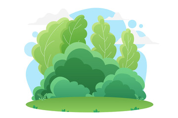 Summer green forest or park nature landscape vector illustration. Cartoon bright grass greenery in meadow field or lawn, natural trees and bushes in parkland scenery summertime isolated on white