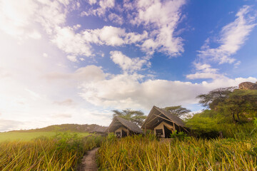 Beautiful view of a safari lodge in Ngorongoro sanctuary, Tanzania
