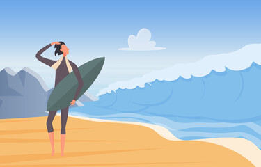 People surfing, travel extreme vacation adventure on ocean coast vector illustration. Cartoon young man surfer in wetsuit standing on beach, guy character holding surfboard, ready to surf background