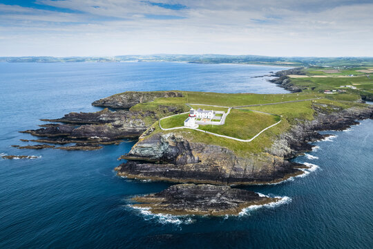 Aerial view of Galley Head Lighthouse in Rathbarry near Rosscarbery, County Cork, on the south coast of Ireland.