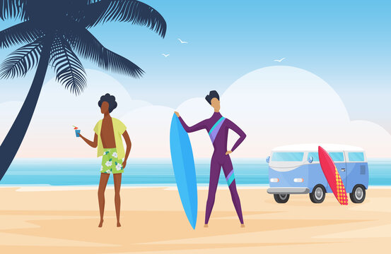 Surfer people surf on tropical summer beach landscape vector illustration. Cartoon male characters in wetsuit or beach shorts standing with surfboard and camper van, holding cocktail background