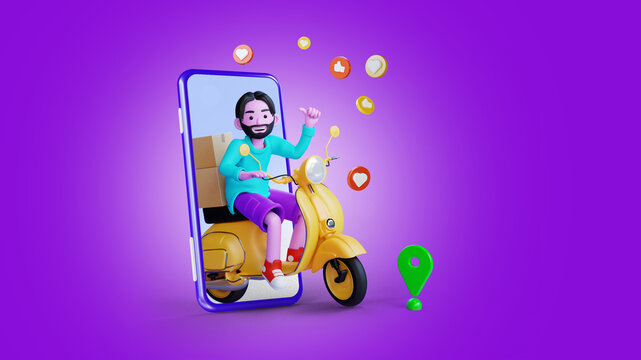 3d online delivery with super fast bike from mobile illustration