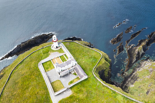 Aerial view of Galley Head Lighthouse in Rathbarry near Rosscarbery, County Cork, on the south coast of Ireland.
