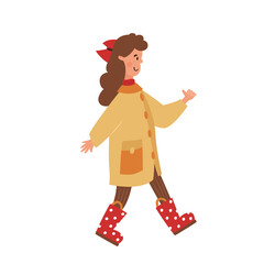 Cute little girl walks outside. Beautiful yellow raincoat and red polka dot rubber boots. Color flat illustration of a schoolgirl or preschooler. Autumn outfit. Clipart for design of kindergarten