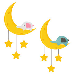 Cute cartoon elephant on the moon. Vector illustration.