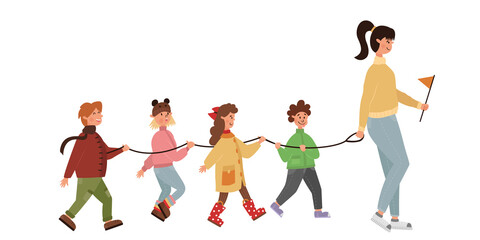 Kindergarten group on an autumn walk with a tutor. Happy cheerful children go in a row holding a special leash. Childhood, games and outdoor entertainment. Colored flat illustration for book, magazine