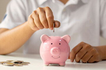 Close-up of a young woman holding a coin in a pig piggy bank, saving money for the future.