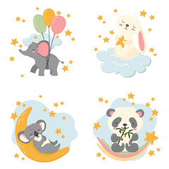 Panda, elephant, bunny and koala with moon, stars and clouds. Collection of poster for nursery, postcards, print for children clothes, baby shower. Vector illustration.