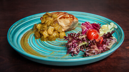 Grilled pork meat with pound cucumber and salad