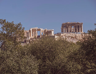 Parthenon on Acropolis of Athens Greece, under clear blue sky, space for your text