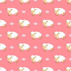 Сute little sheep and clouds flying across the pink sky. Seamless repeating pattern. Vector illustration. Backgrounds for fabric design, cards, kids room wallpaper, packaging and other ideas.
