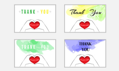 Vector set of  thanks cards made in the form of sketches of hands with a red heart.