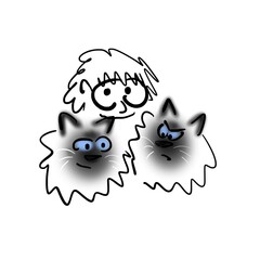 Human with glasses and two cats with blue eyes