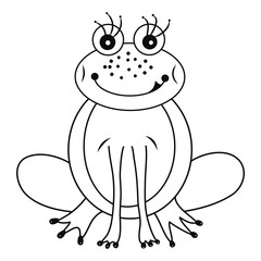 Frog icon. Contour black graphic sketch. Cartoon. Children theme. Idea for decors, logo, covers, holidays, gifts, art, celebrations, birthday. Isolated vector. 