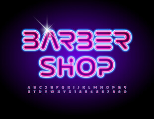 Fototapeta na wymiar Vector illuminated logo Barber Shop. Glowing trendy Font. Modern Alphabet Letters and Numbers set