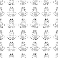Frog pattern. Contour black graphic. Cartoon. Children theme. Changeable background. Idea for decors, gifts, templates, papers, covers, wallpapers, celebration, birthday. Isolated vector on white. 