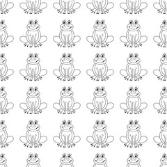 Frog pattern. Contour black graphic. Cartoon. Children theme. Changeable background. Idea for decors, gifts, templates, papers, covers, wallpapers, celebration, birthday. Isolated vector on white. 