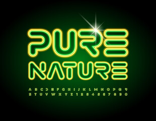 Vector eco sign Pure Nature. Neon Alphabet Letters and Numbers set. Futuristic glowing Font