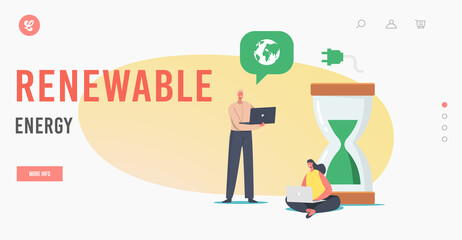 Renewable Energy Landing Page Template. Tiny Business People at Huge Hourglass with Green Sand and Earth Globe