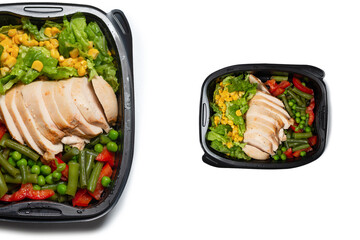 Ready food in a container. Stewed chicken, stewed vegetables.