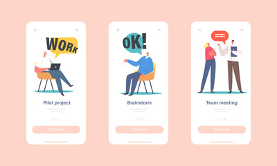 Pilot Project Mobile App Page Onboard Screen Template. Business Characters Discuss Pilot Project at Focus Group Meeting