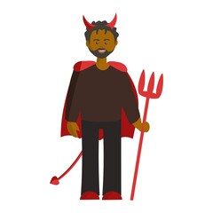 Man in Halloween devil costume with trident Cartoon illustration