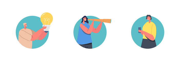 Change and Chance Theme. Creative Idea or Business Vision. Man with Huge Illuminated Light Bulb, Woman Look in Spyglass