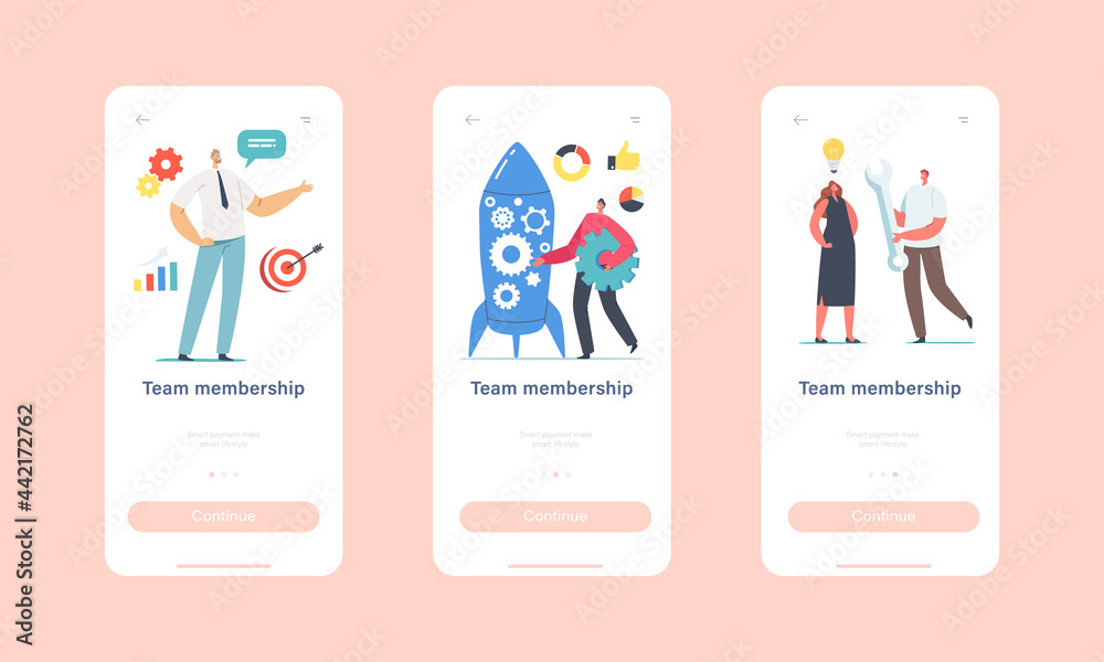 Wall mural team membership mobile app page onboard screen template. team member characters take part in rocket 