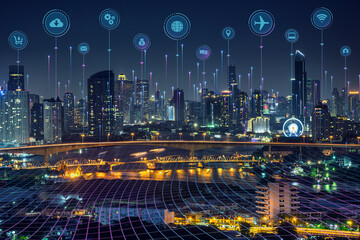 Smart city dot point connect with gradient grid line, internet of things connection technology icon...