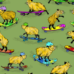 Funny capybaras on a skateboard. Sports hobby of cute animals.