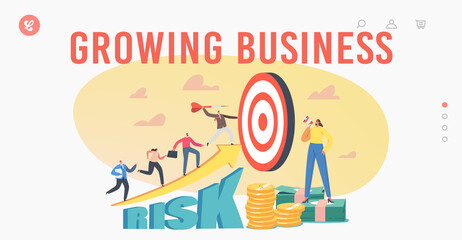 Growing Business Landing Page Template. Tiny Characters Throw Darts to Target. Office Workers Career Boost, High Risk