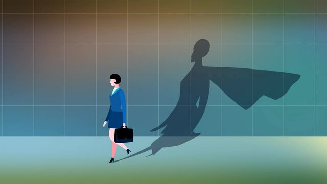 Cartoon businesswoman with super heroine shadow walking animation. Business metaphor of progress, success, career advancement, leader, etc... Seamless loop. 