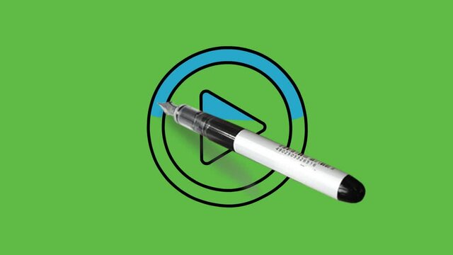 Drawing play button in blue circle in black and blue colour combination on abstract green screen background
