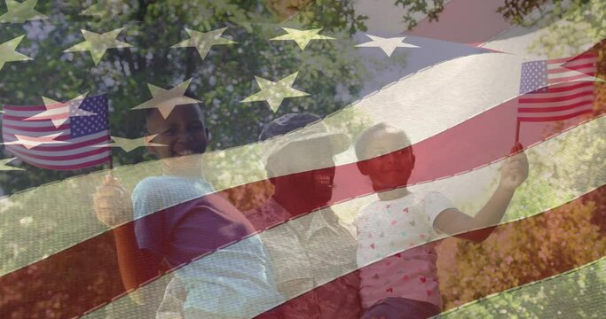 Animation of male soldier embracing smiling daughter and son over american flag
