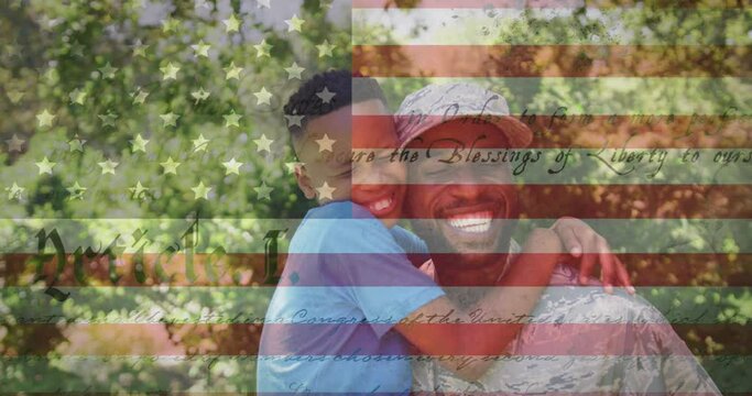 Animation of male soldier embracing smiling son over american flag