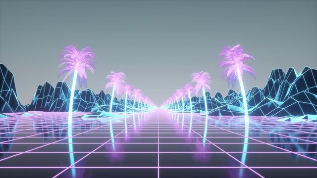 Retro futuristic animation. Camera moves forward palm tree alley. Retro 80s style synthwave background