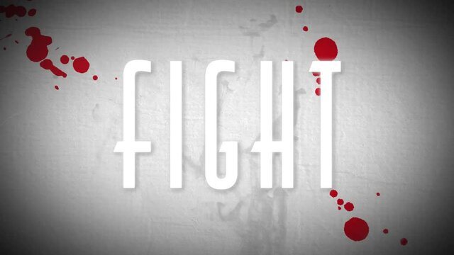 Animation of the word fight, in white letters with smoke and drips of blood on white background